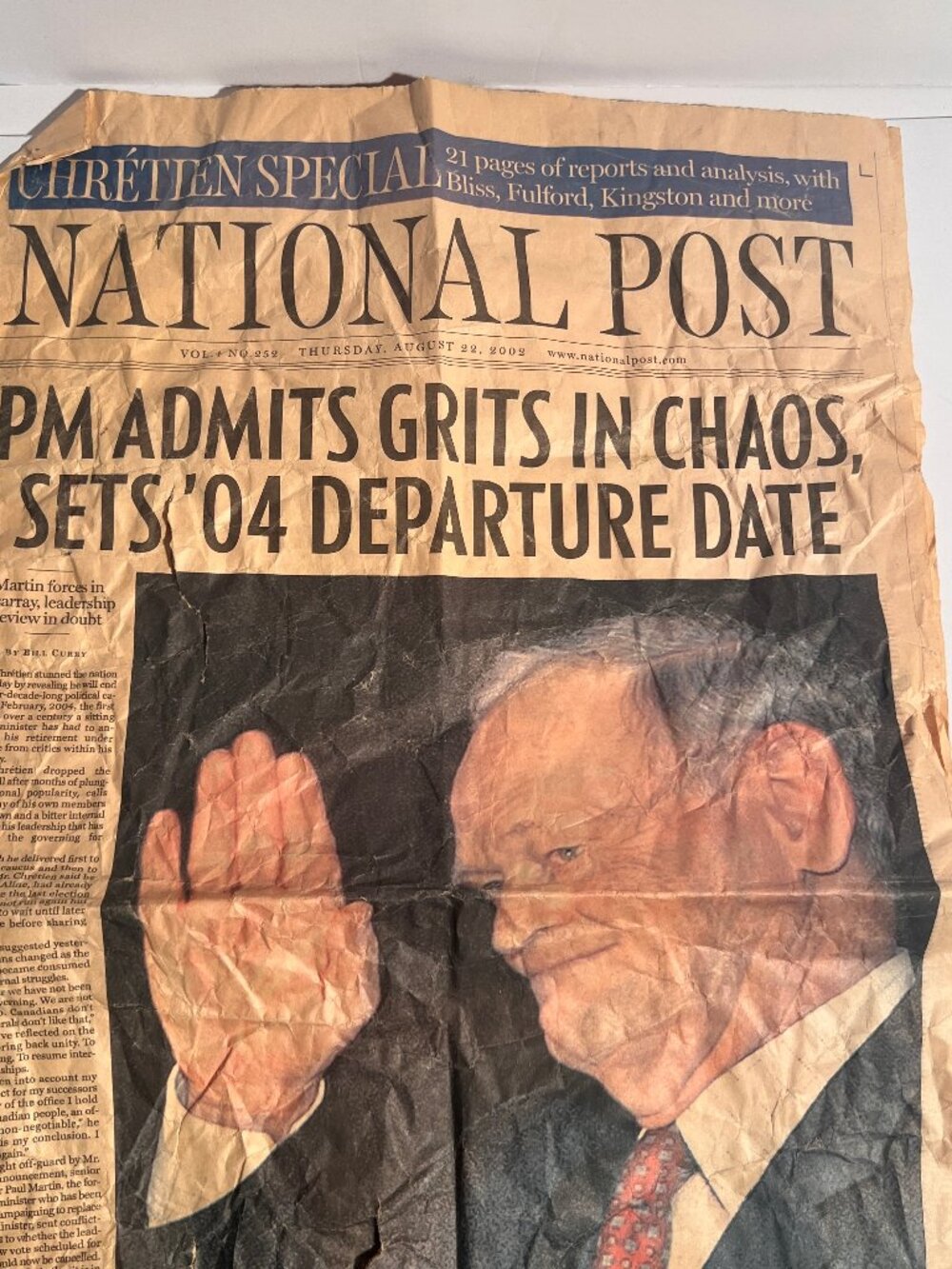 Vintage National Post Newspaper – August 22, 2002 – Jean Chrétien Cabinet Shuffl